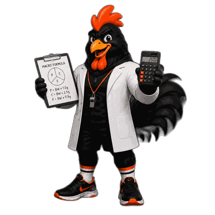 CluckCoach mascot in a lab coat with a macro formula and calculator